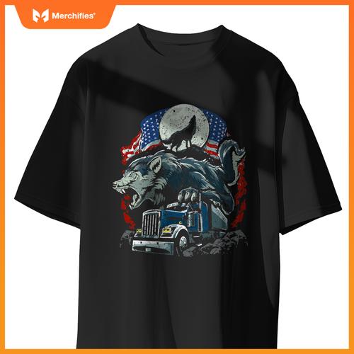 Mens Usa Flag Truck Howling Wolf American Patriotic Trucker T-Shirt