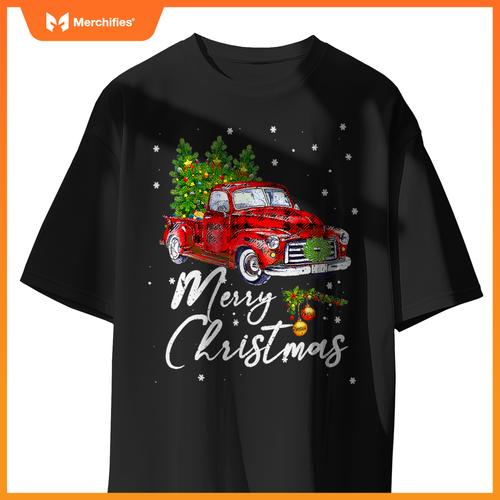 Merry Christmas Wagon Red Truck Pajama Family Party T-Shirt