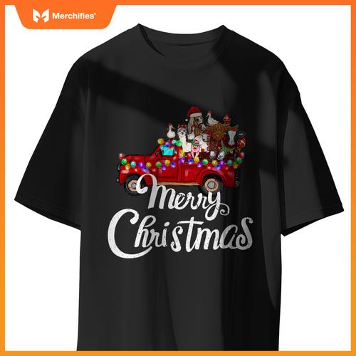 Merry Christmas Cute Christmas Farm Animal Truck T-Shirt