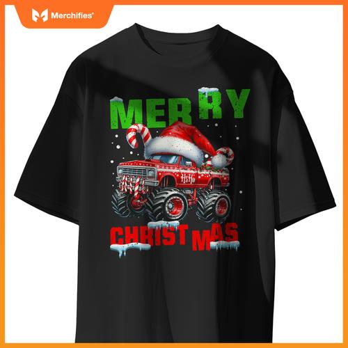 Merry Christmas Monster Truck Xmas Santa Hat Boys Kids T-Shirt