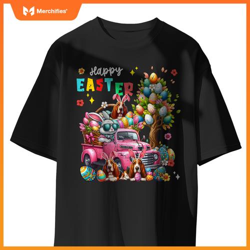 Happy Easter Three Cute Bunny Basset Hounds On Pickup Truck T-Shirt
