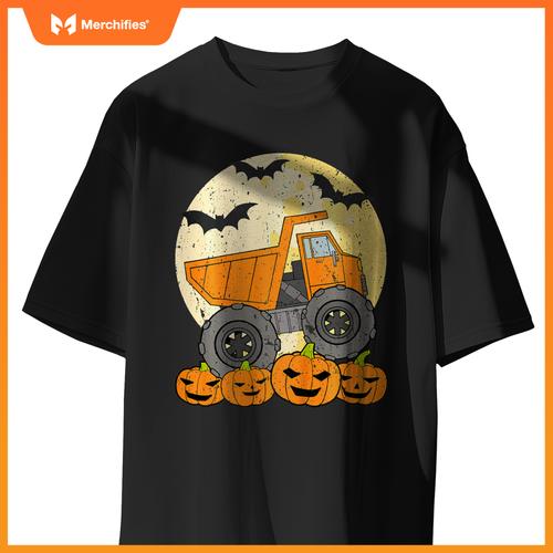 Kids Construction Monster Truck Halloween Pumpkins Toddler Boys T-Shirt