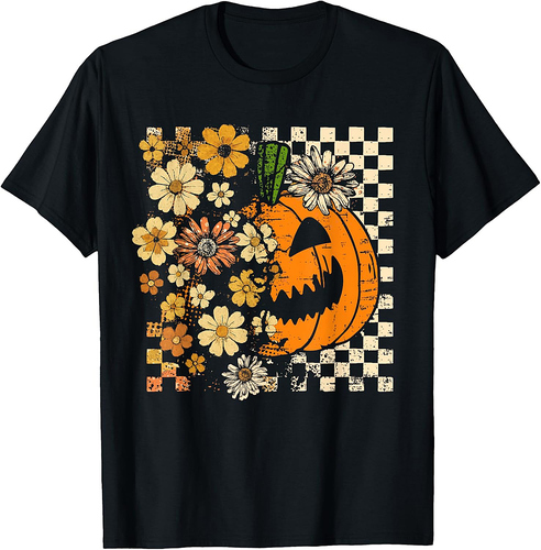 Boho Floral Fall Pumpkin Thanksgiving Autumn Vibes Halloween T-Shirt