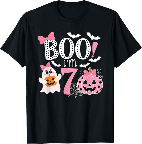 Boo I'm Seven Ghost Seventh 7th Birthday Halloween Girls T-Shirt