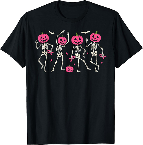 Breast Cancer Shirts for Women Halloween Skeleton Pumpkin T-Shirt
