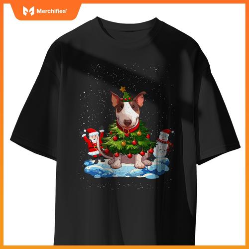 Bull Terrier Merry Christmas Tree Lights Dog X-Mas Dogs T-Shirt