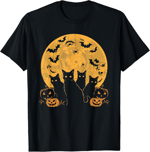 Cat Halloween Moon T-Shirt for Men Women Kids