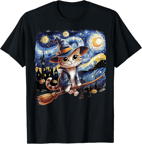 Cat Halloween Starry Night Gifts Cat Mom Cat Dad Cat Lover T-Shirt