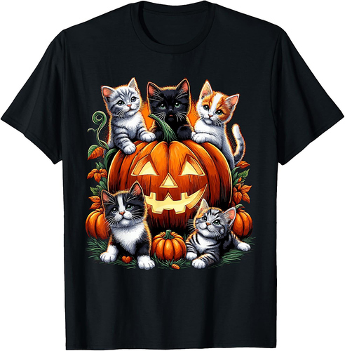 Cat Pumpkin Halloween Retro Floral Spooky Men Women Kids T-Shirt