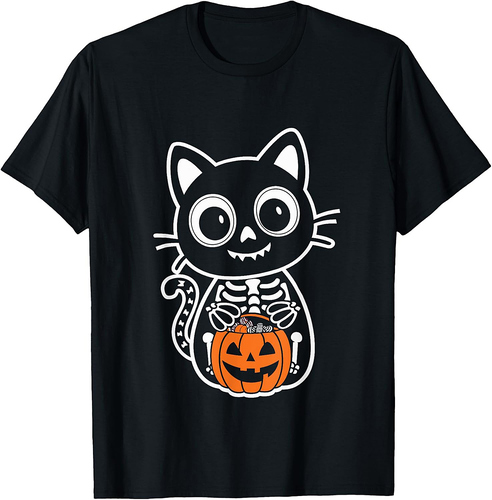 Cat Skeleton Halloween Pumpkin Cat Halloween Costume Men Women Kids T-Shirt