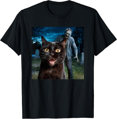 Cat and Zombie Selfie Photo Halloween for Cat Lovers T-Shirt