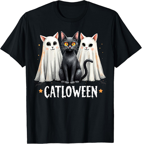 Catloween Cute Ghost Cats and Black Cat Halloween T-Shirt