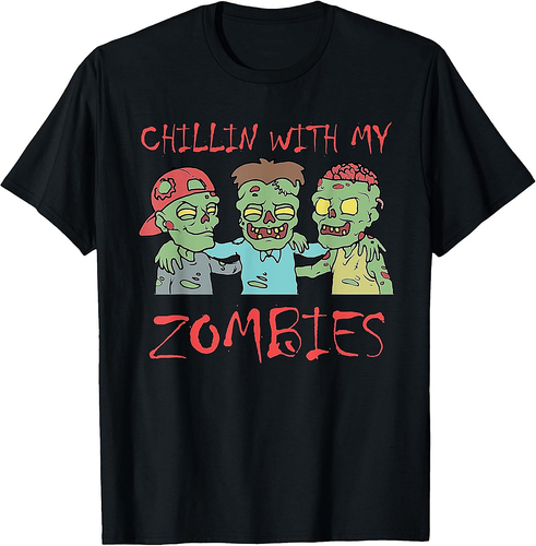 Chillin With My Zombies Halloween Men's T-Shirt Black Short Sleeve Classic Fit Adult Unisex Size Small