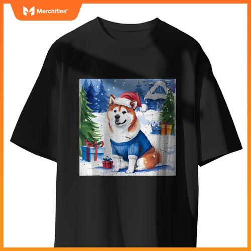 Christmas Akita Dog Santa Hat In Xmas Snow T-Shirt