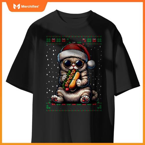 Christmas Cat Eating Hot Dogs Ugly Christmas T-Shirt