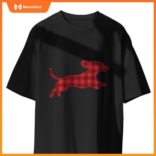 Christmas Running Wiener Dachshund Dog Buffalo Plaid T-Shirt