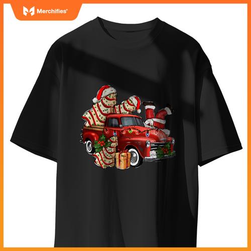 Christmas Tree Cake With Farm Truck And Santa Xmas Holiday T-Shirt