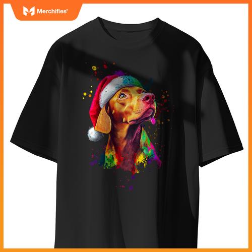 Colorful Vizsla Santa Hat Artistic Christmas Dog T-Shirt