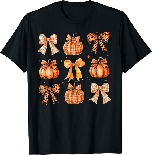 Coquette Bow Pumpkin Season Thanksgiving Autumn Fall Leaves T-Shirt