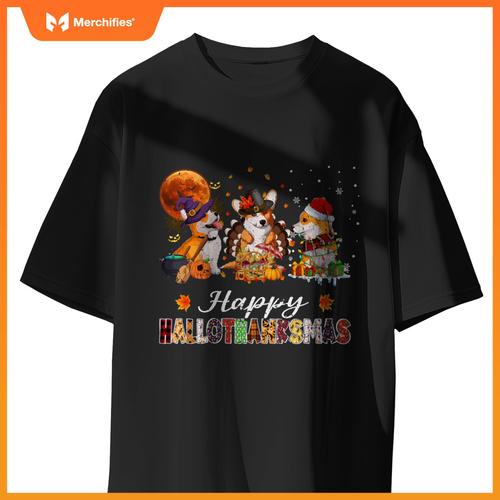Corgi Dogs Halloween Thanksgiving Christmas Hallothanksmas T-Shirt