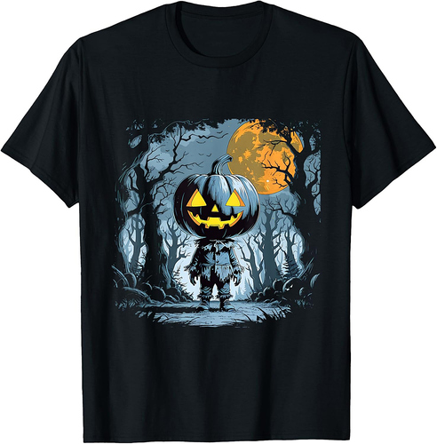 Creepy Pumpkin Head Scarecrow Halloween Forest Scene T-Shirt