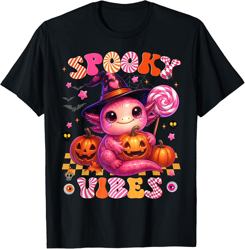 Cute Axolotl Spooky Vibes Witch Pumpkin Face Halloween Girl T-Shirt