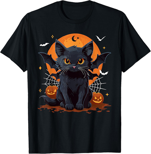 Cute Black Cat With Bat Wings Pumpkin Women Men Halloween T-Shirt