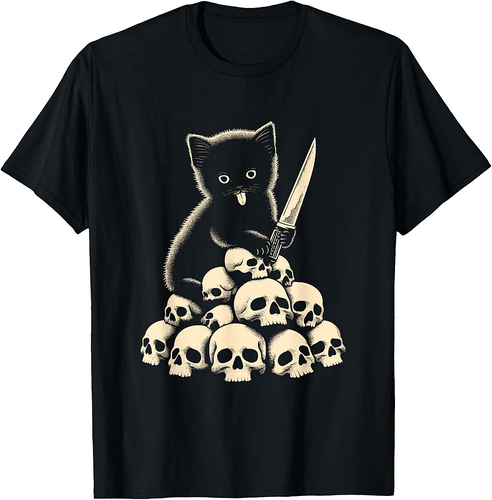 Cute Cat With Knife And Skulls - Spooky Halloween Costume T-Shirt for Men Women