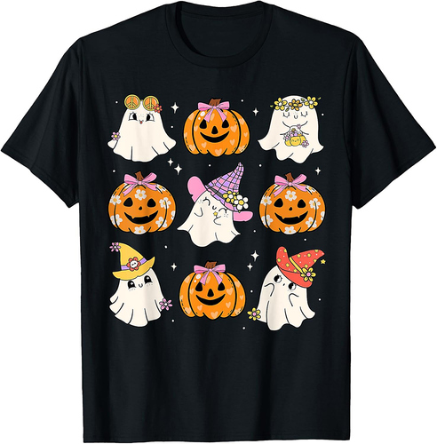 Cute Florals Ghost Coquette Bows Pumpkins Halloween Girl T-Shirt
