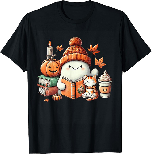 Cute Ghost Cat Reading Book Lovers Halloween Women Girls T-Shirt