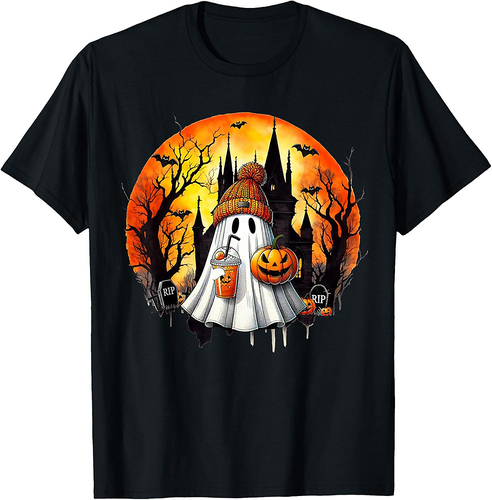 Cute Ghost Drinking Coffee Halloween Ghost Ice Coffee Womens T-Shirt