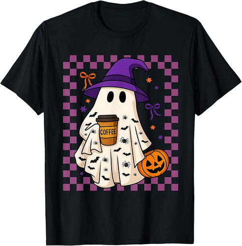 Cute Ghost Drinking Coffee Halloween Spooky Men Women T-Shirt