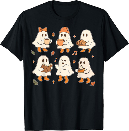 Cute Ghost Halloween Shirts For Women Vintage Fall Coffee T-Shirt