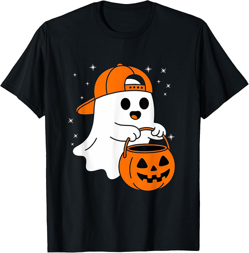 Cute Ghost Pumpkin Wear a Hat Saying Boo Spooky Halloween T-Shirt