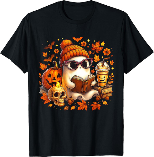 Cute Ghost Reading Book Lovers Halloween Ghost Coffee Women T-Shirt