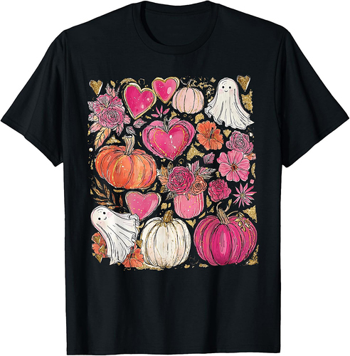 Cute Ghost Spooky Pink Pumpkin Floral Halloween Thanksgiving T-Shirt
