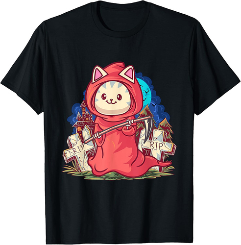 Cute Grim Reaper Cat Tombstone Pastel Goth Halloween T-Shirt for Men Women Kids