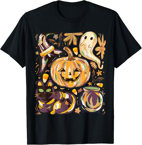 Cute Halloween With Pumpkin Black Cat And Ghost T-Shirt