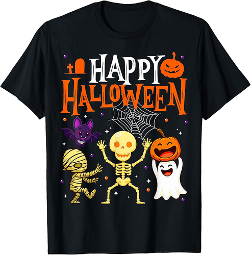 Cute Happy Halloween Skeleton Pumpkin Boo Boys Girls Kids T-Shirt