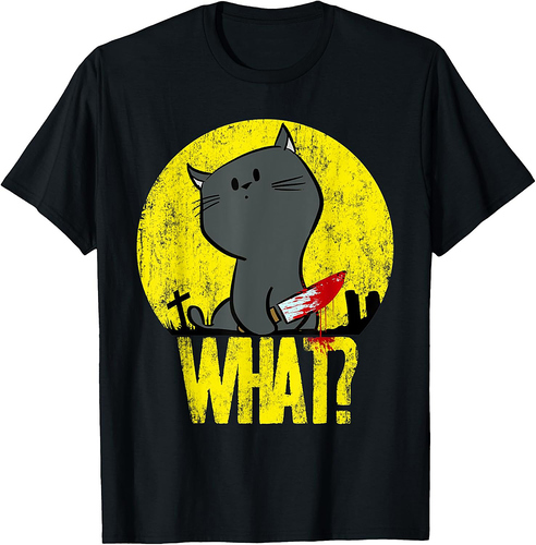Cute Kitty Murderous Black Cat What With Knife Halloween Fun T-Shirt