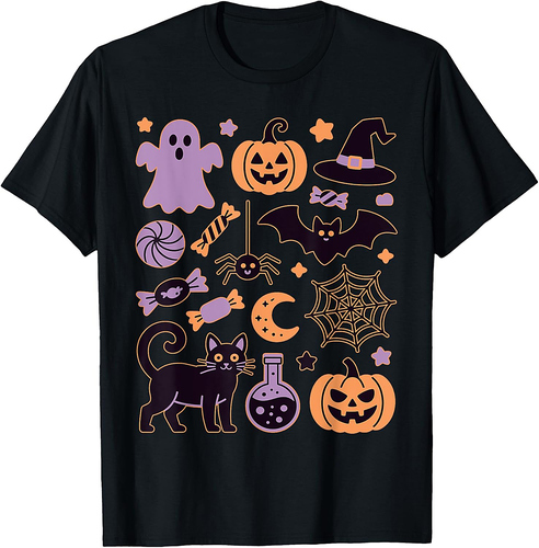 Cute Spooky Halloween Ghost Bat Pumpkin Cat coastal coquette T-Shirt