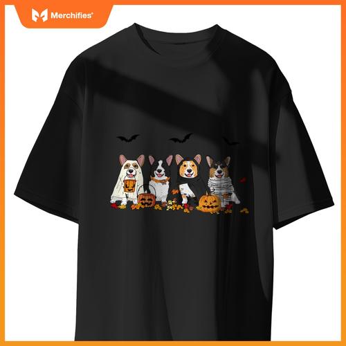 Cute Welsh Corgi Dogs Ghost Witch Mummy Halloween Pumpkins T-Shirt