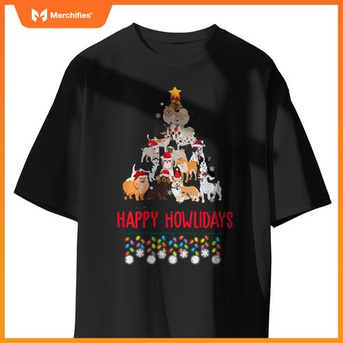 Dog Lover Merry Christmas Tree Dog Breeds Happy Howlidays T-Shirt
