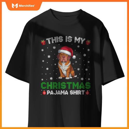 Dogue De Bordeaux Dog Wearing Santa Hat Matching Xmas Pajama T-Shirt