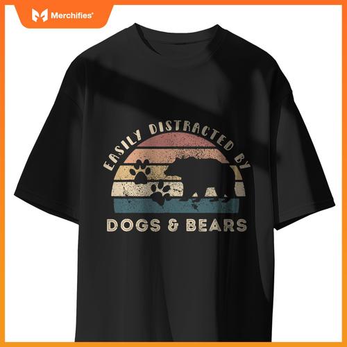 Easily Distracted By Bears Dogs Retro Funny Bear Dog Lover T-Shirt