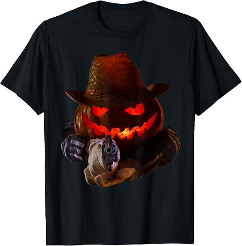 Evil Pumpkin with Gun Funny Adults Cowboy Halloween Costume T-Shirt