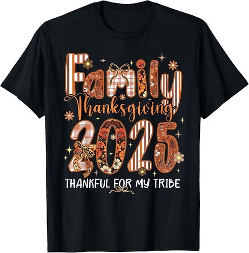 Family Thanksgiving 2025 Thankful for My Tribe Coquette Bow T-Shirt