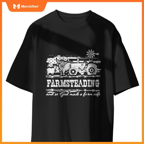Farmsteading God Made a Farm Wife Farmer USA Flag Patriotic T-Shirt