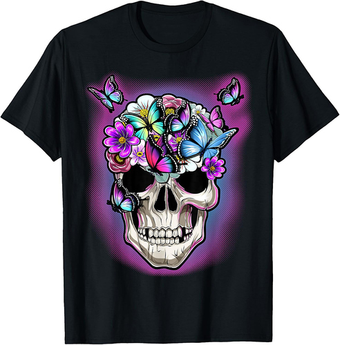 Floral Skull Halloween Butterfly Decor Gothic Costume Women T-Shirt