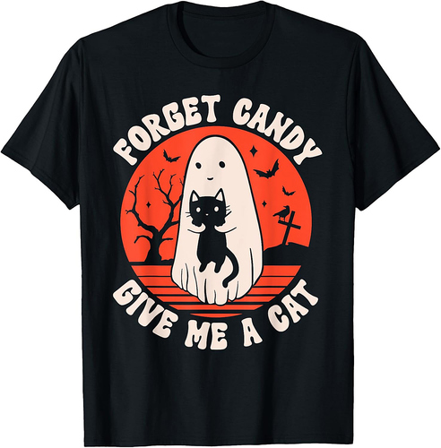 Forget Candy Give Me Cat Cute Halloween Cat Ghost Boys Girls T-Shirt